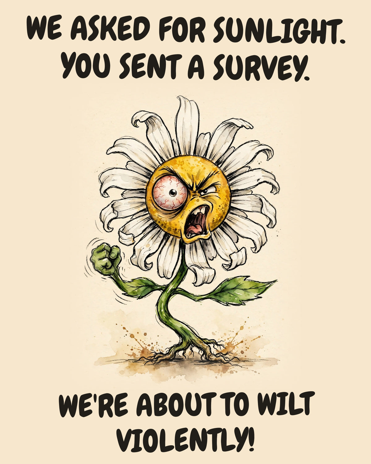 Daisies watercolor art print with the saying "WE ASKED FOR SUNLIGHT. YOU SENT A SURVEY. WE'RE ABOUT TO WILT VIOLENTLY!"