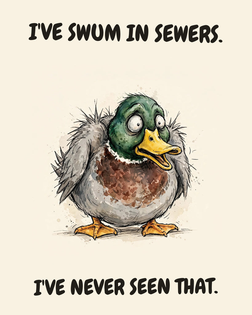 Mallard watercolor art print with the saying "I'VE SWUM IN SEWERS. I'VE NEVER SEEN THAT."