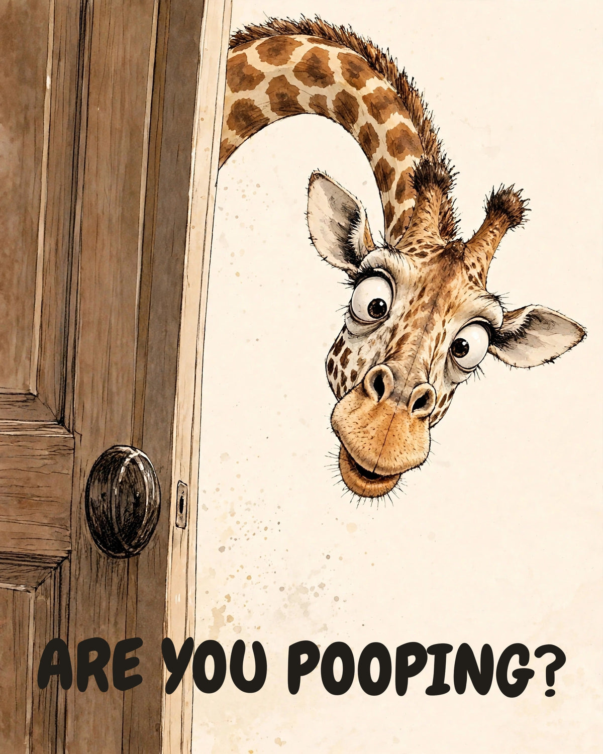 Horrified Giraffe bathroom art print in watercolor style, a giraffe arcing his long neck over a door, head dangling upside down with bulging uneven eyes, captioned “ARE YOU POOPING?”
