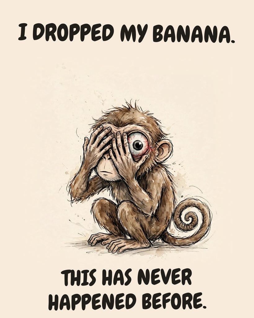Monkey watercolor art print with the saying "I DROPPED MY BANANA. THIS HAS NEVER HAPPENED BEFORE."