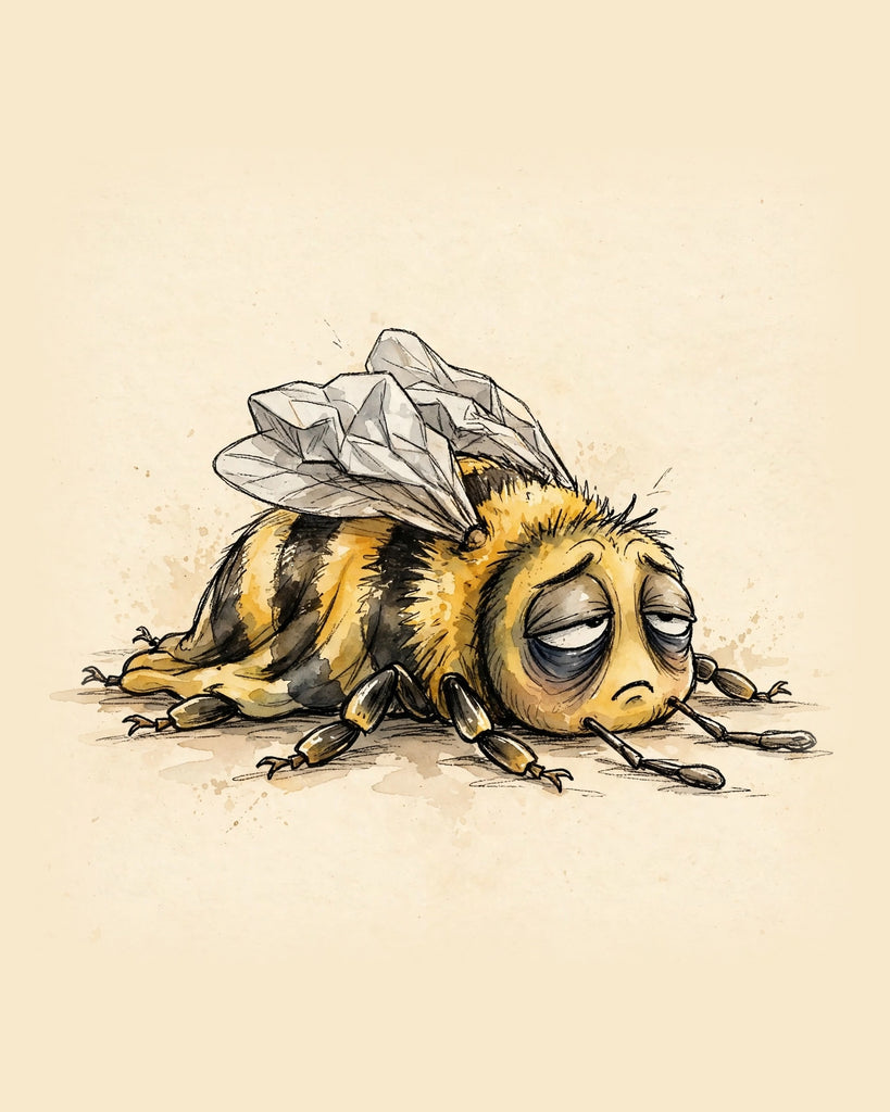 Wordless exhausted Bee watercolor art print — the artwork alone on a warm cream background, no text