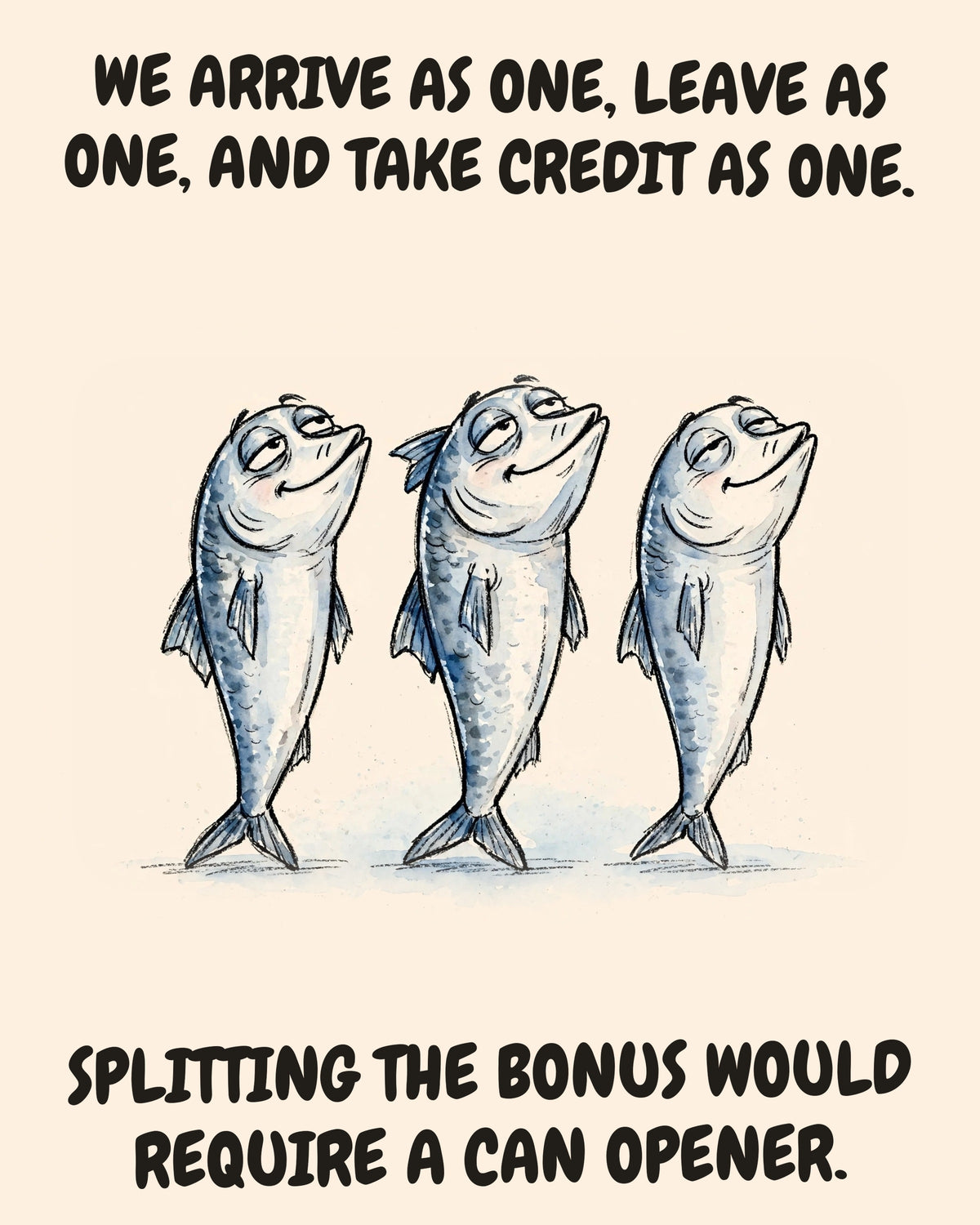 Sardines (the THREE) watercolor art print with the saying "WE ARRIVE AS ONE, LEAVE AS ONE, AND TAKE CREDIT AS ONE. SPLITTING THE BONUS WOULD REQUIRE A CAN OPENER."