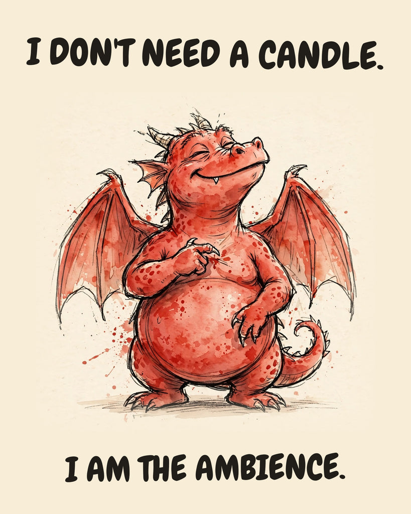 Red Dragon watercolor art print with the saying "I DON'T NEED A CANDLE. I AM THE AMBIENCE."