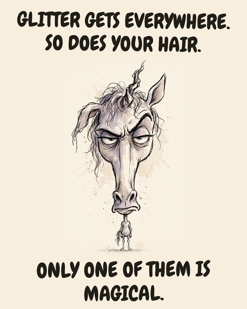Unicorn watercolor art print with the saying "GLITTER GETS EVERYWHERE. SO DOES YOUR HAIR. ONLY ONE OF THEM IS MAGICAL."