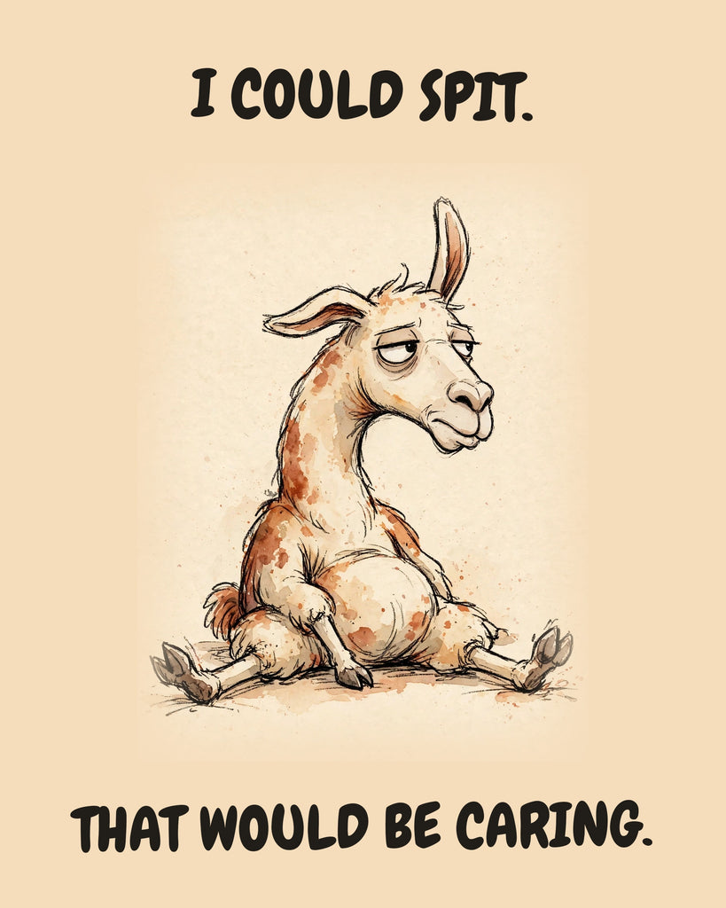 Llama watercolor art print with the saying "I COULD SPIT. THAT WOULD BE CARING."