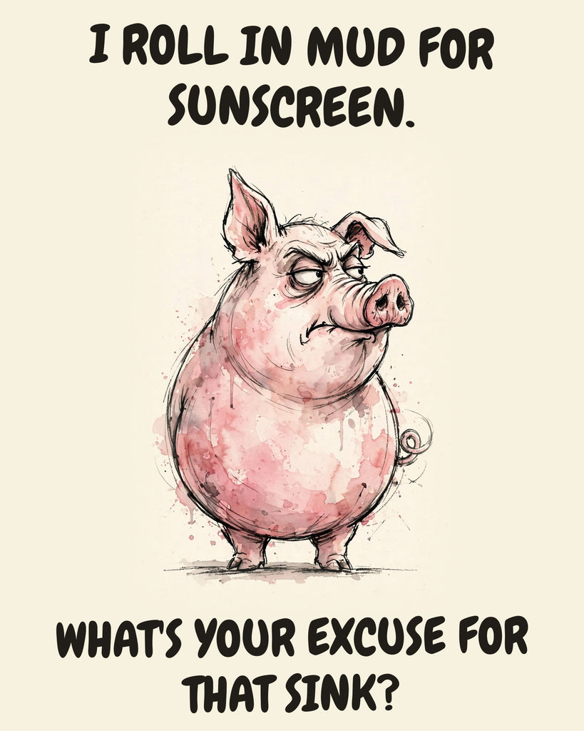Pig watercolor art print with the saying "I ROLL IN MUD FOR SUNSCREEN. WHAT'S YOUR EXCUSE FOR THAT SINK?"