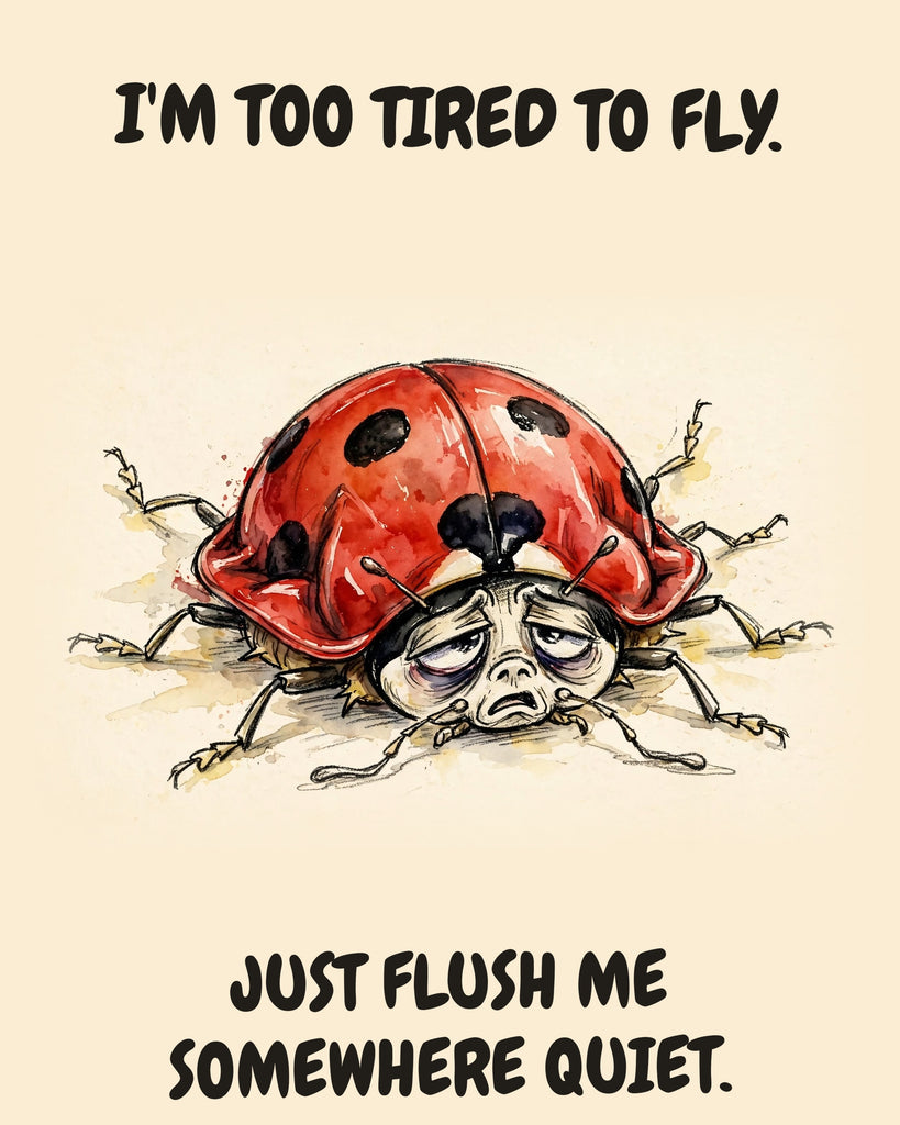 Ladybug watercolor art print with the saying "I'M TOO TIRED TO FLY. JUST FLUSH ME SOMEWHERE QUIET."