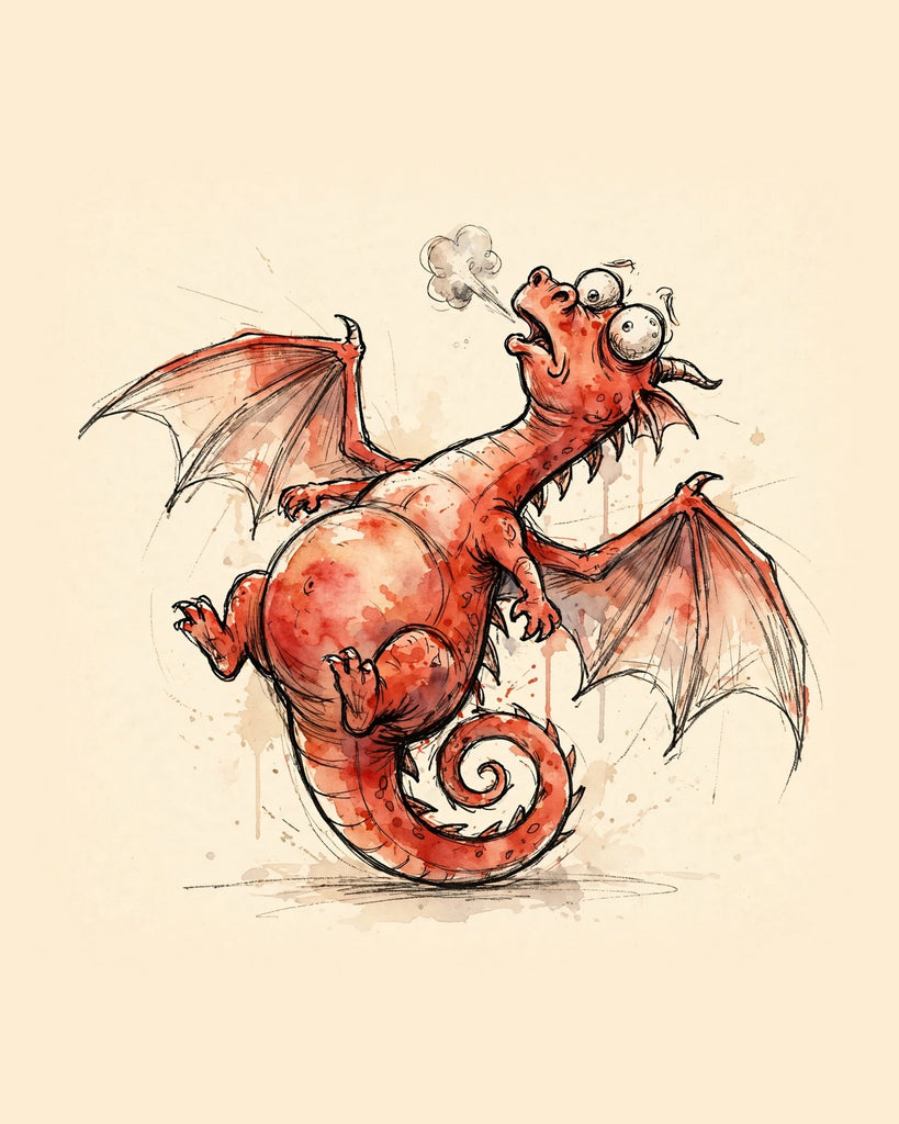 Wordless horrified Red Dragon watercolor art print — the artwork alone on a warm cream background, no text