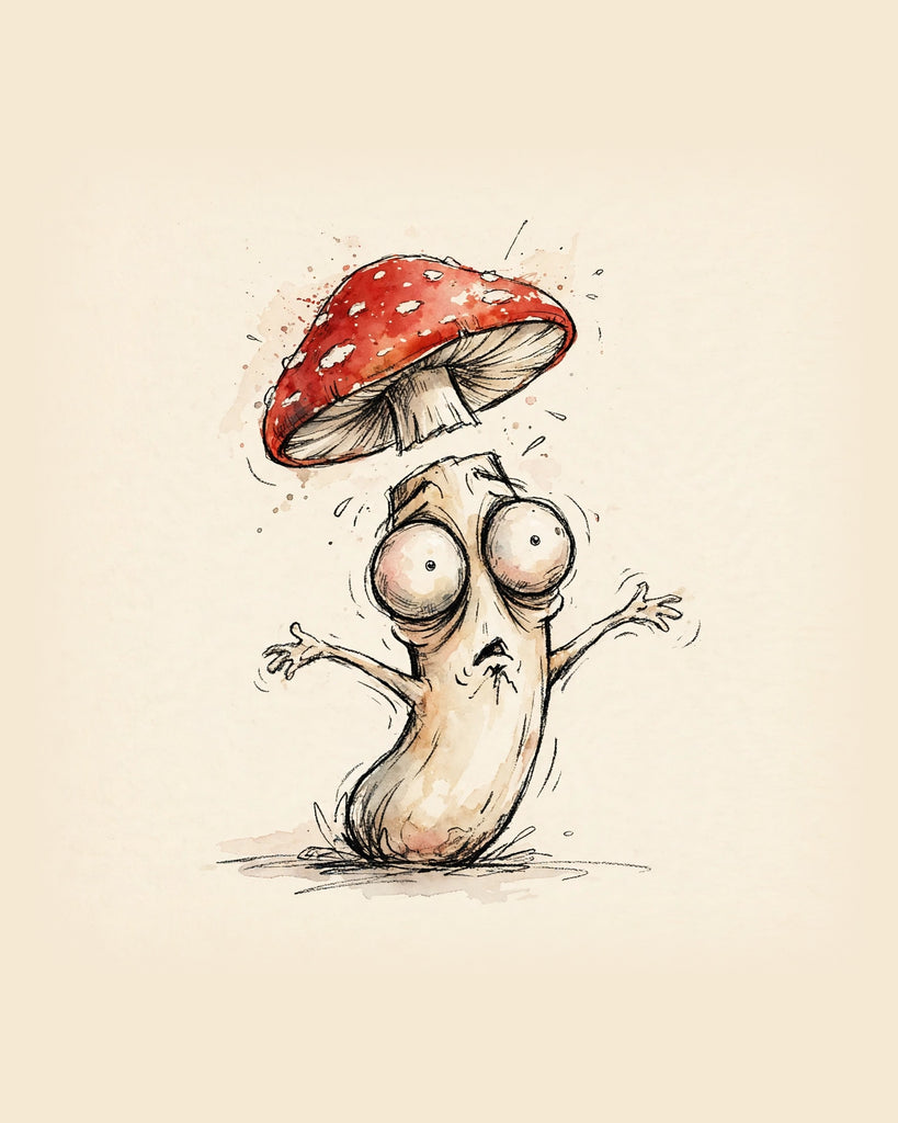 Wordless horrified Mushroom watercolor art print — the artwork alone on a warm cream background, no text