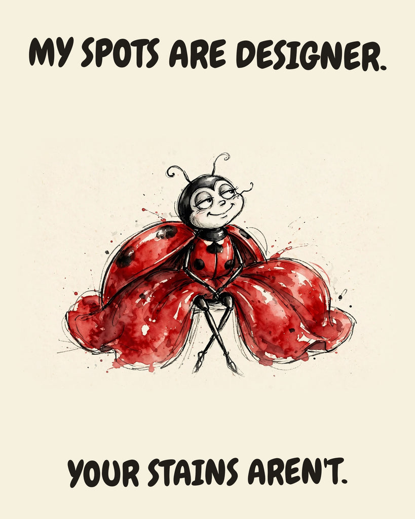 Ladybug watercolor art print with the saying "MY SPOTS ARE DESIGNER. YOUR STAINS AREN'T."