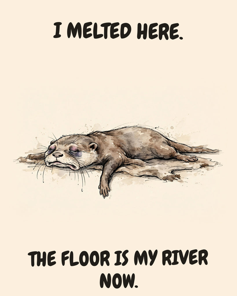 Otter watercolor art print with the saying "I MELTED HERE. THE FLOOR IS MY RIVER NOW."
