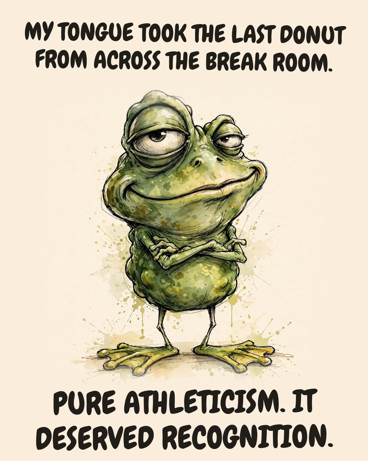 Frog watercolor art print with the saying "MY TONGUE TOOK THE LAST DONUT FROM ACROSS THE BREAK ROOM. PURE ATHLETICISM. IT DESERVED RECOGNITION."