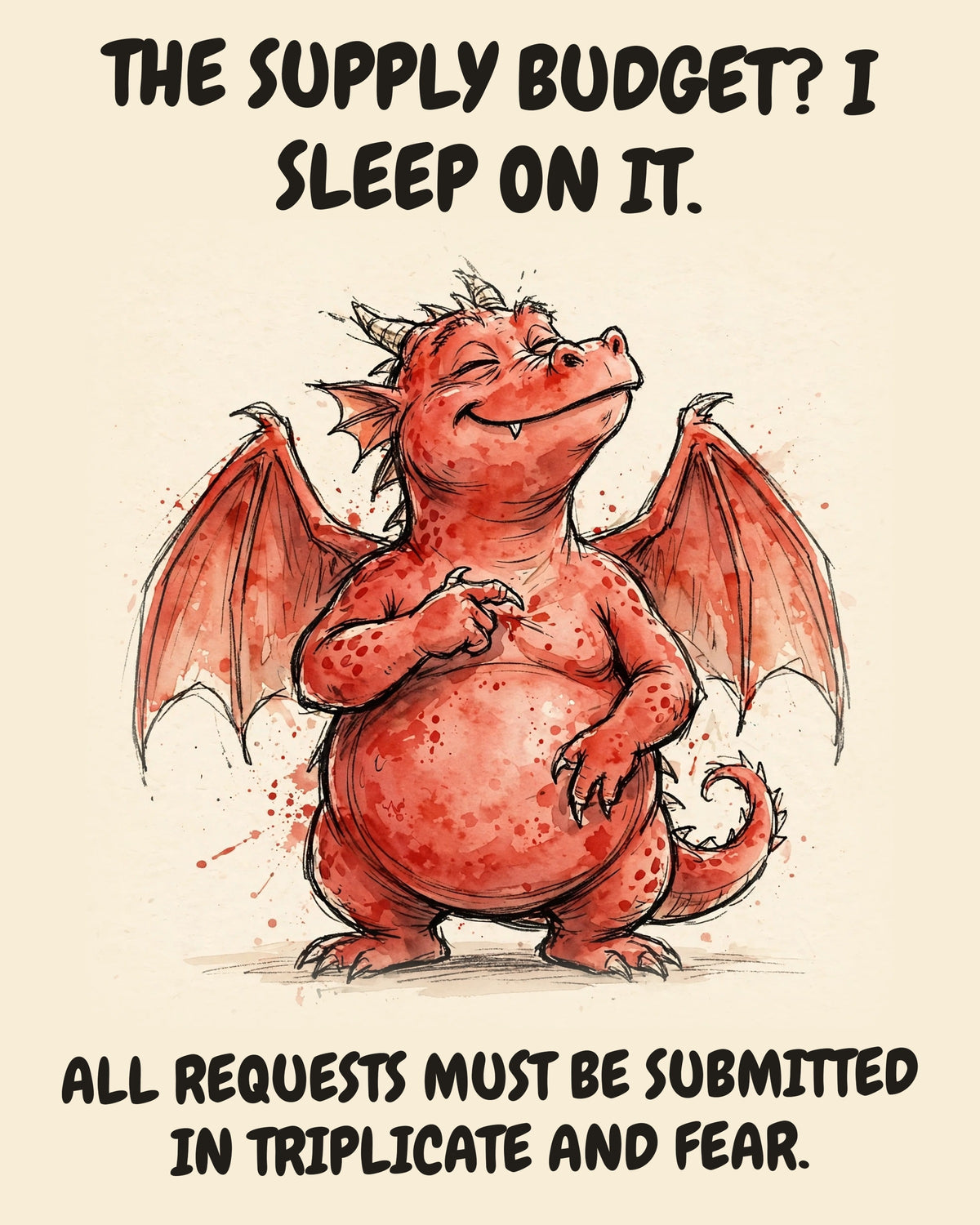 Red Dragon watercolor art print with the saying "THE SUPPLY BUDGET? I SLEEP ON IT. ALL REQUESTS MUST BE SUBMITTED IN TRIPLICATE AND FEAR."