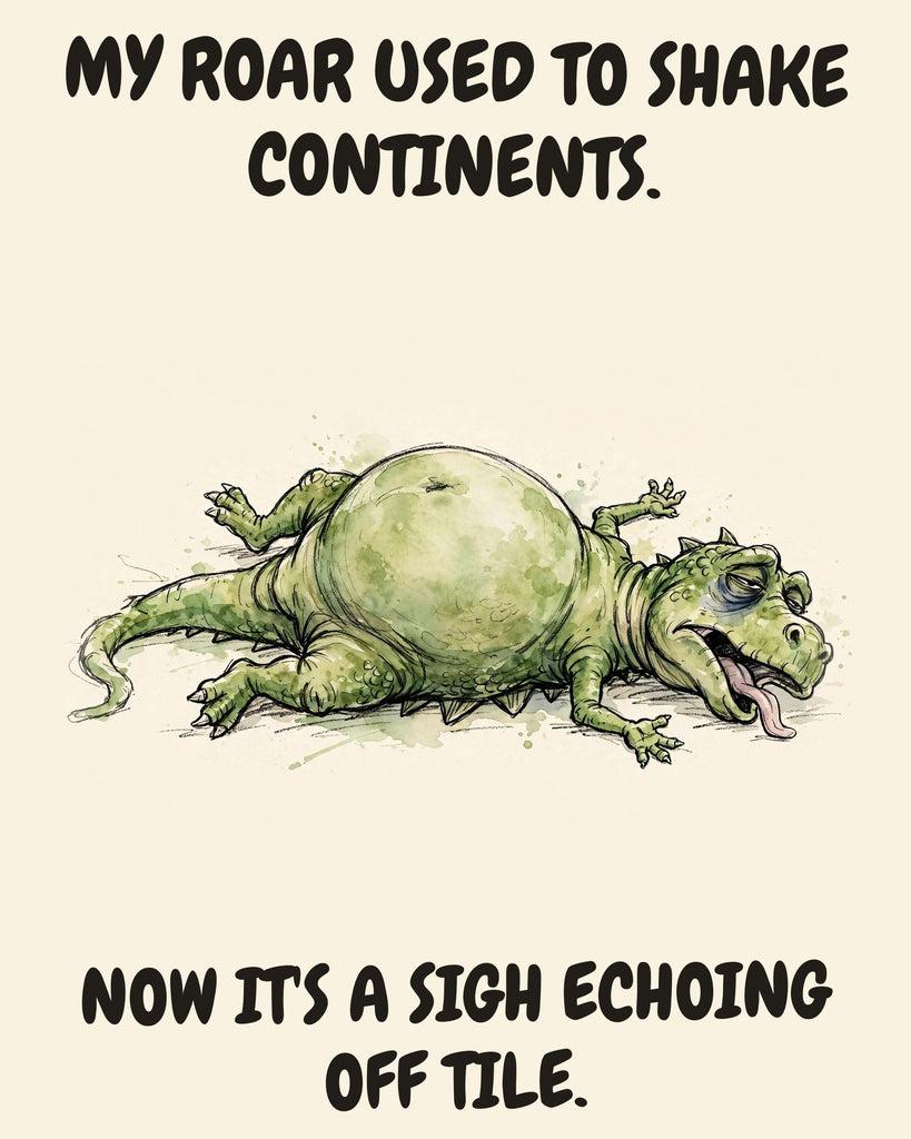 Green Dinosaur watercolor art print with the saying "MY ROAR USED TO SHAKE CONTINENTS. NOW IT'S A SIGH ECHOING OFF TILE."