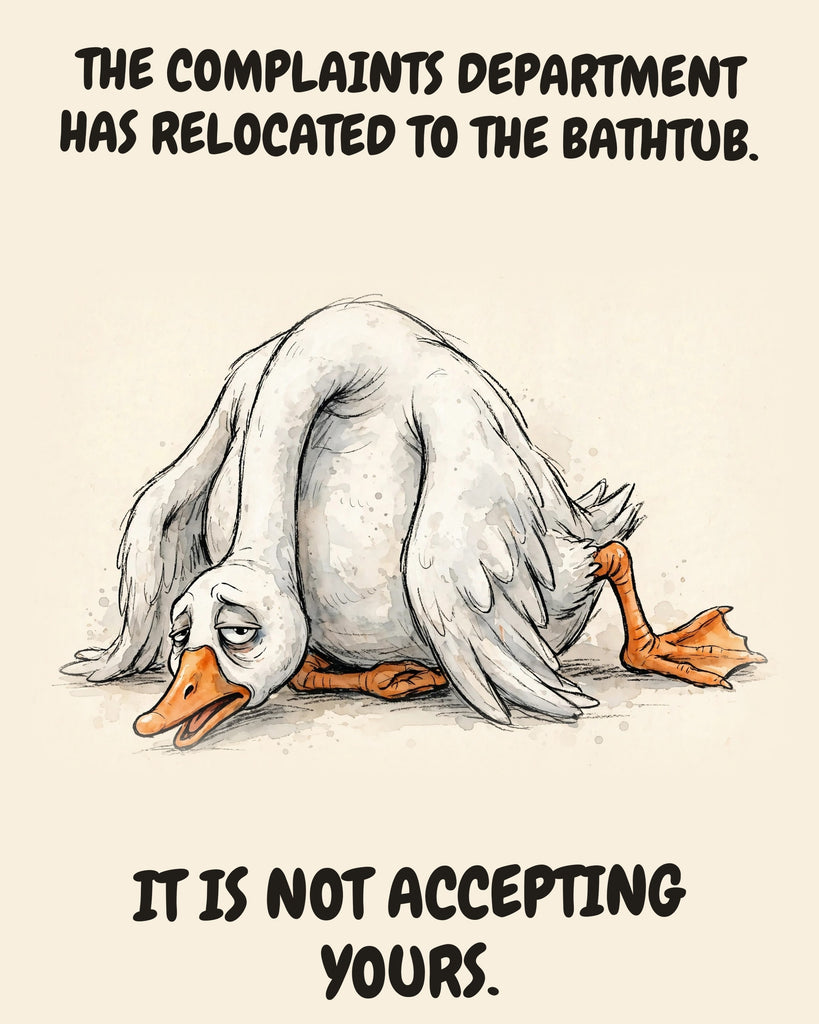 Goose watercolor art print with the saying "THE COMPLAINTS DEPARTMENT HAS RELOCATED TO THE BATHTUB. IT IS NOT ACCEPTING YOURS."