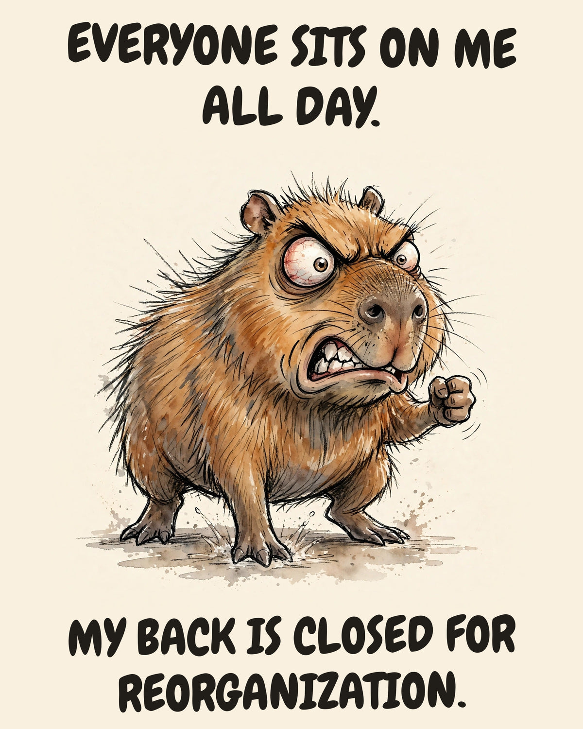 Capybara watercolor art print with the saying "EVERYONE SITS ON ME ALL DAY. MY BACK IS CLOSED FOR REORGANIZATION."