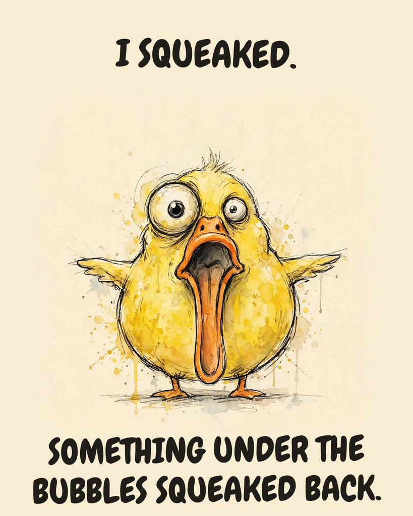 Yellow Duck watercolor art print with the saying "I SQUEAKED. SOMETHING UNDER THE BUBBLES SQUEAKED BACK."