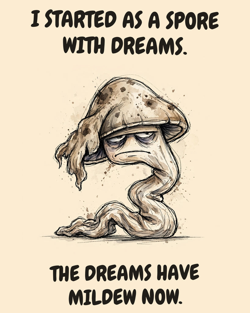 Mushroom watercolor art print with the saying "I STARTED AS A SPORE WITH DREAMS. THE DREAMS HAVE MILDEW NOW."