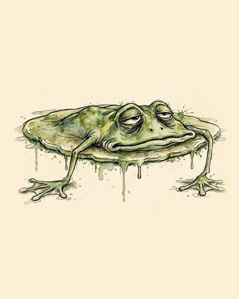 Wordless exhausted Frog watercolor art print — the artwork alone on a warm cream background, no text