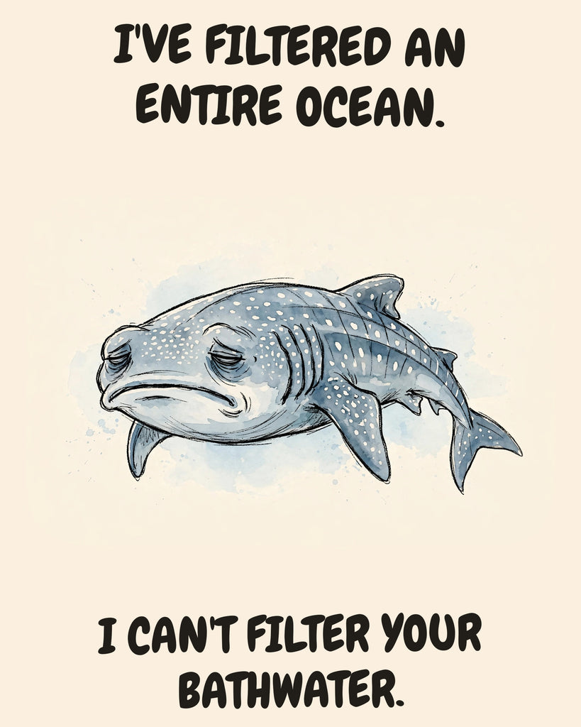 Whale Shark watercolor art print with the saying "I'VE FILTERED AN ENTIRE OCEAN. I CAN'T FILTER YOUR BATHWATER."