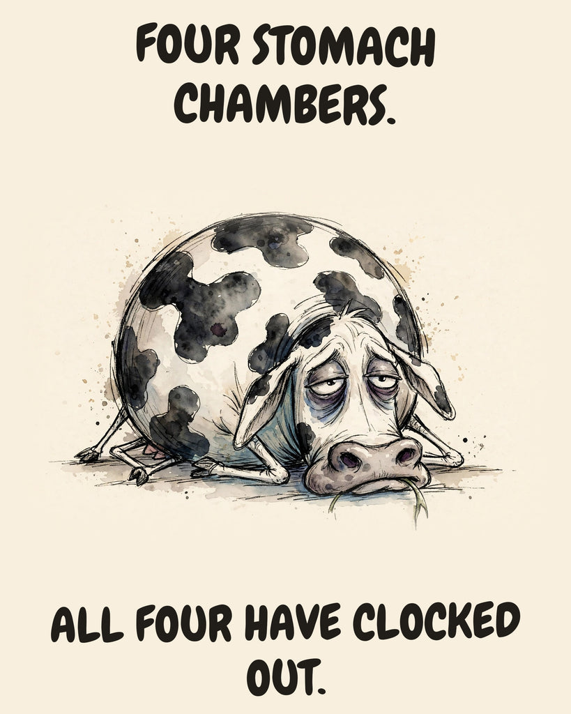 Cow watercolor art print with the saying "FOUR STOMACH CHAMBERS. ALL FOUR HAVE CLOCKED OUT."