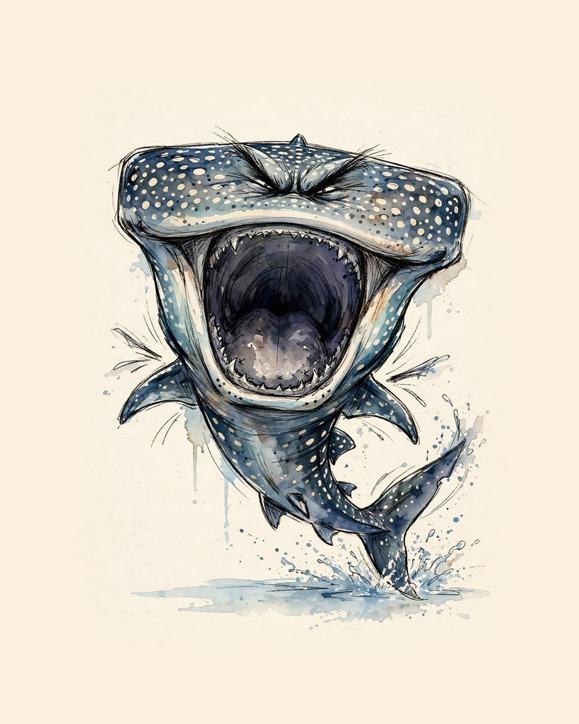 Wordless furious Whale Shark watercolor art print — the artwork alone on a warm cream background, no text