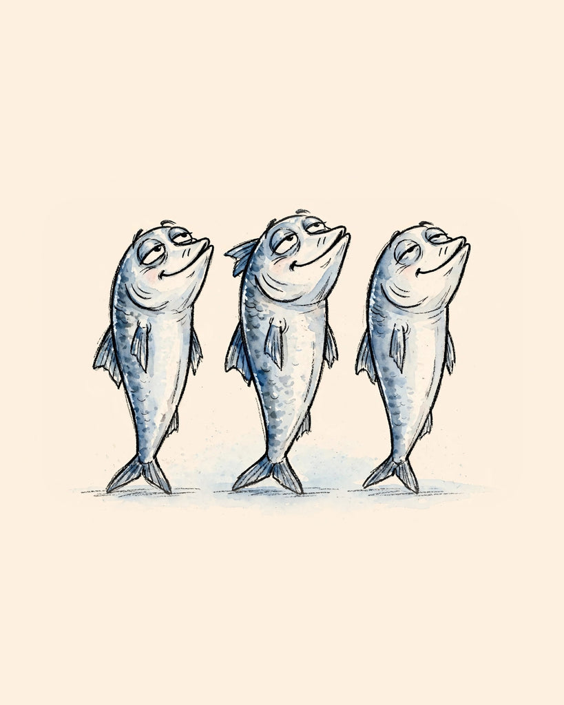 Wordless smug Sardines watercolor art print — the artwork alone on a warm cream background, no text
