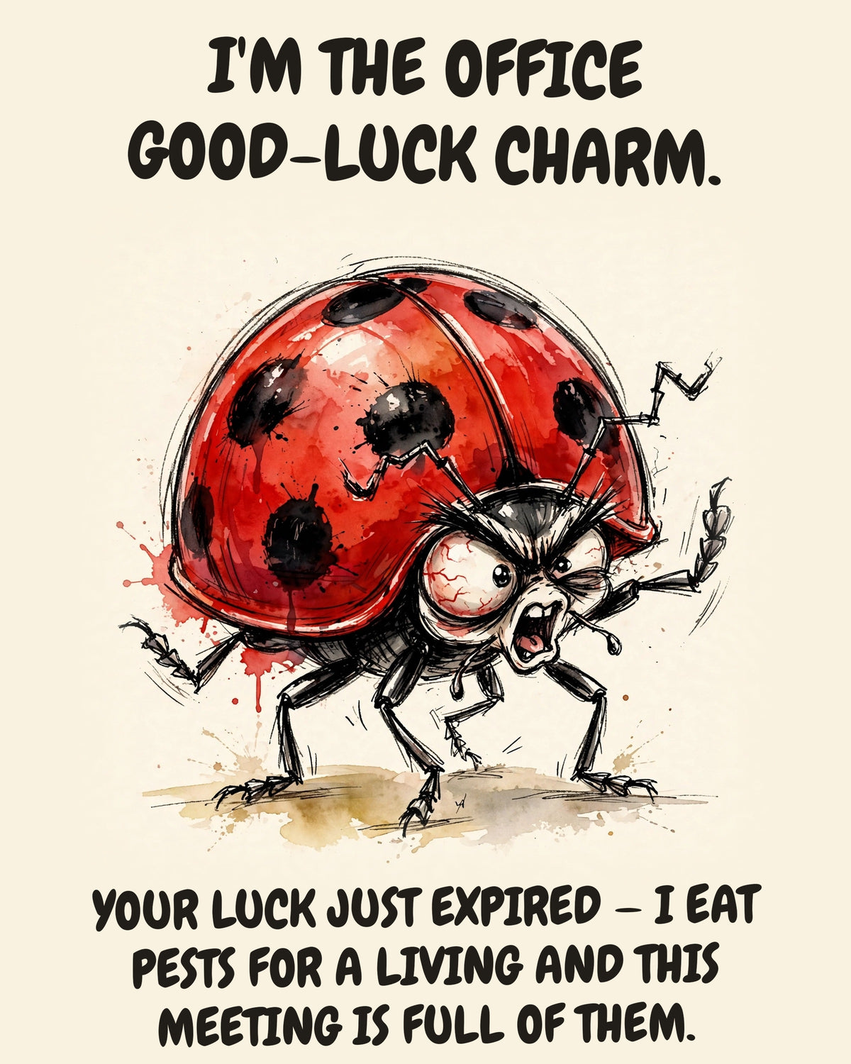 Ladybug watercolor art print with the saying "I'M THE OFFICE GOOD-LUCK CHARM. YOUR LUCK JUST EXPIRED — I EAT PESTS FOR A LIVING AND THIS MEETING IS FULL OF THEM."