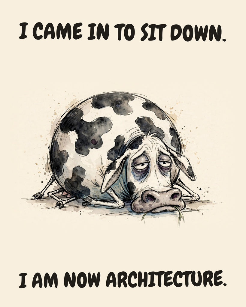Cow watercolor art print with the saying "I CAME IN TO SIT DOWN. I AM NOW ARCHITECTURE."