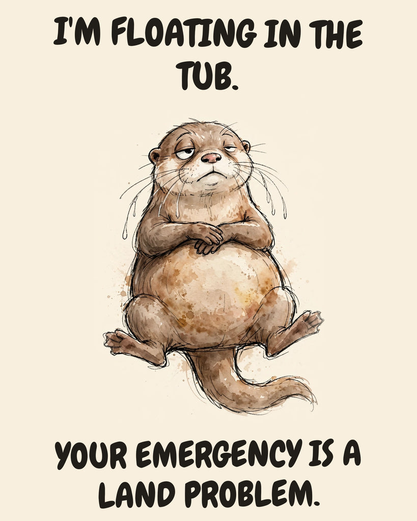 Otter watercolor art print with the saying "I'M FLOATING IN THE TUB. YOUR EMERGENCY IS A LAND PROBLEM."