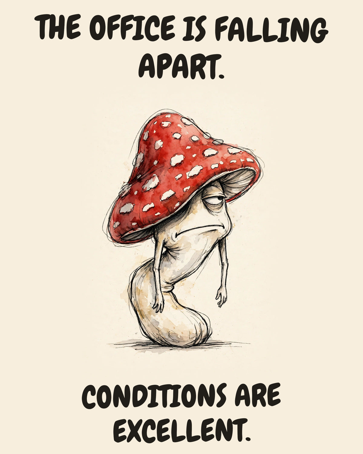Unbothered Mushroom office art print in watercolor style, an unbothered mushroom in a moment of perfect workplace serenity, captioned “THE OFFICE IS FALLING APART. CONDITIONS ARE EXCELLENT.”