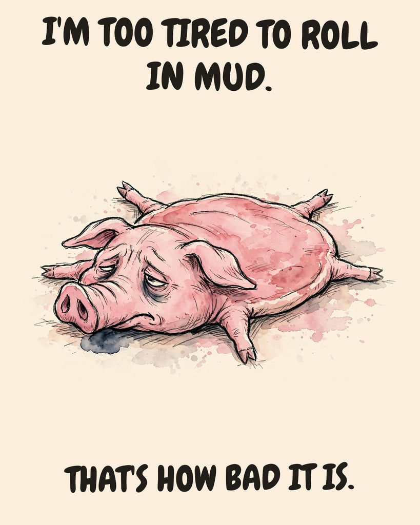 Pig watercolor art print with the saying "I'M TOO TIRED TO ROLL IN MUD. THAT'S HOW BAD IT IS."