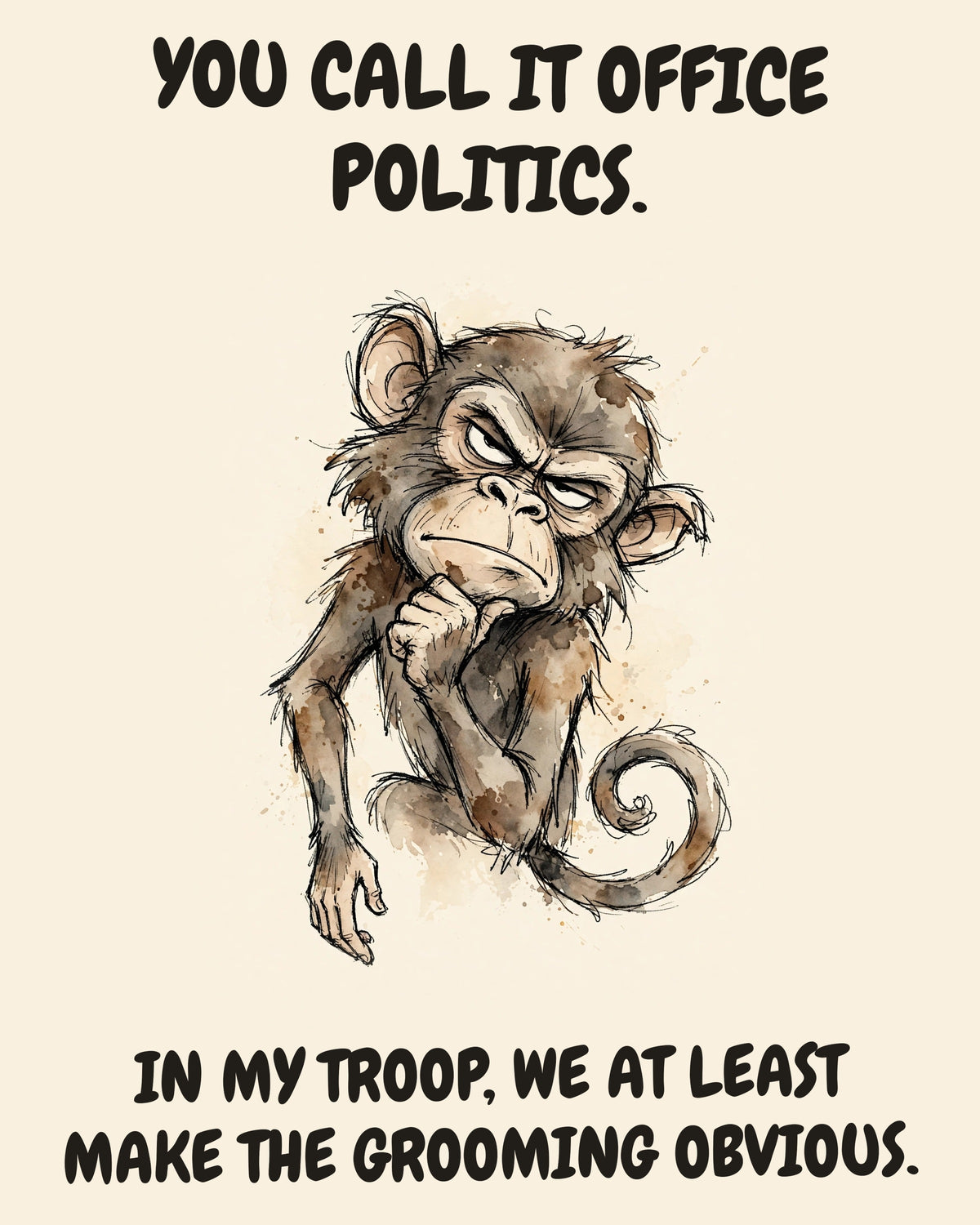 Monkey watercolor art print with the saying "YOU CALL IT OFFICE POLITICS. IN MY TROOP, WE AT LEAST MAKE THE GROOMING OBVIOUS."