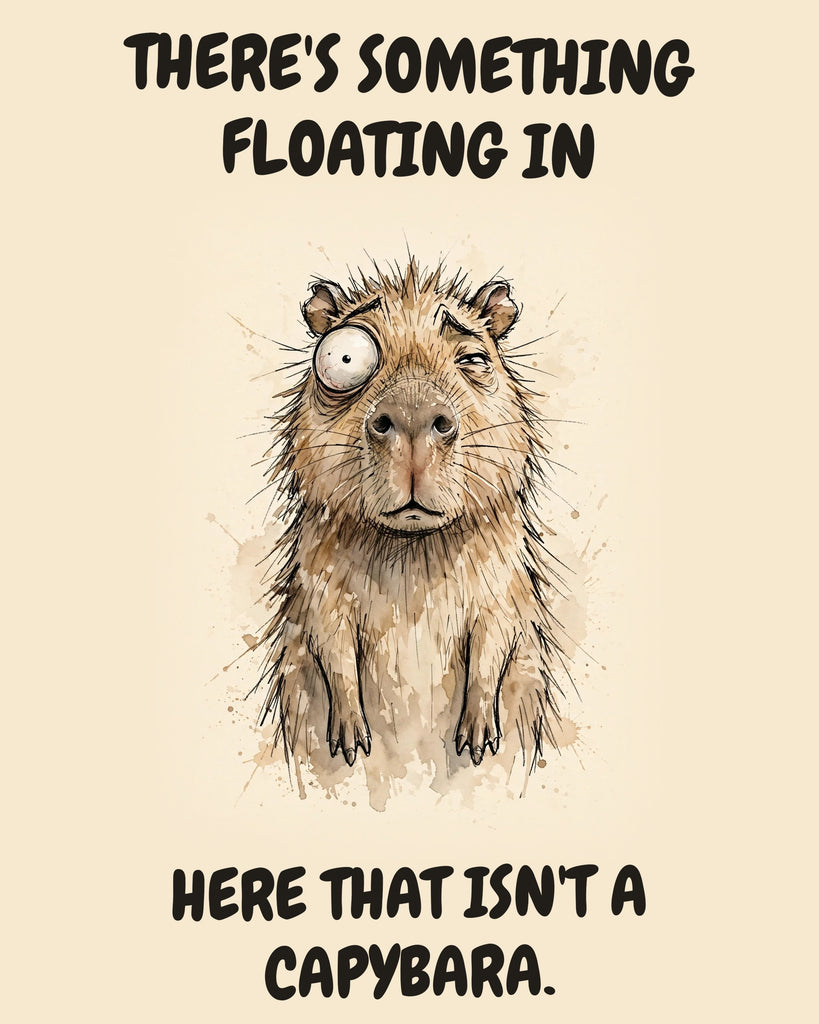 Capybara watercolor art print with the saying "THERE'S SOMETHING FLOATING IN HERE THAT ISN'T A CAPYBARA."