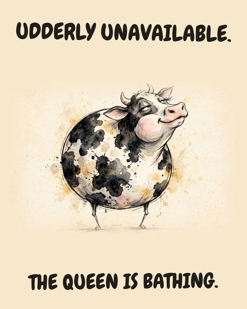 Cow watercolor art print with the saying "UDDERLY UNAVAILABLE. THE QUEEN IS BATHING."
