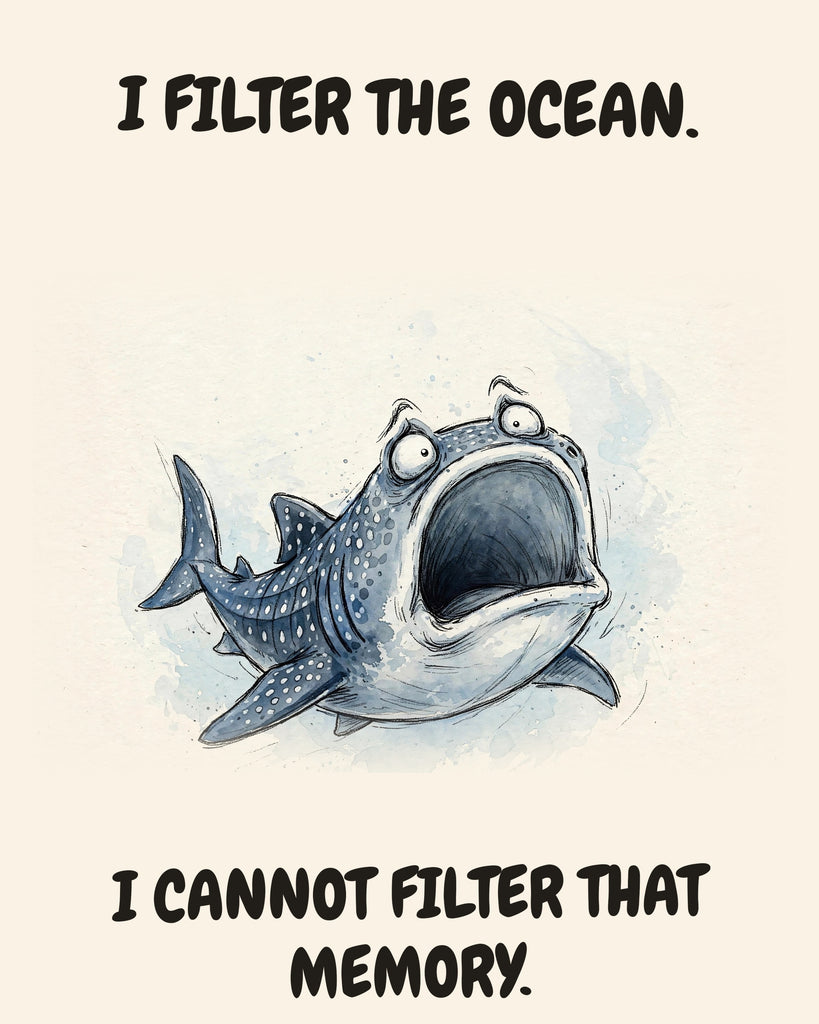Whale Shark watercolor art print with the saying "I FILTER THE OCEAN. I CANNOT FILTER THAT MEMORY."