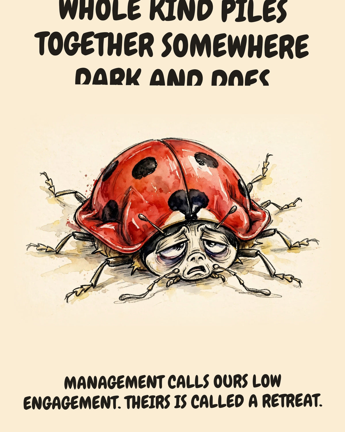 Ladybug watercolor art print with the saying "EVERY WINTER MY WHOLE KIND PILES TOGETHER SOMEWHERE DARK AND DOES NOTHING UNTIL SPRING. MANAGEMENT CALLS OURS LOW ENGAGEMENT. THEIRS IS CALLED A RETREAT."
