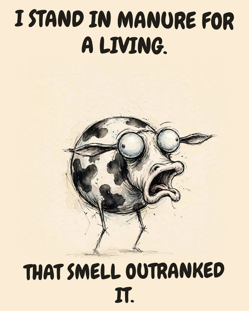 Cow watercolor art print with the saying "I STAND IN MANURE FOR A LIVING. THAT SMELL OUTRANKED IT."