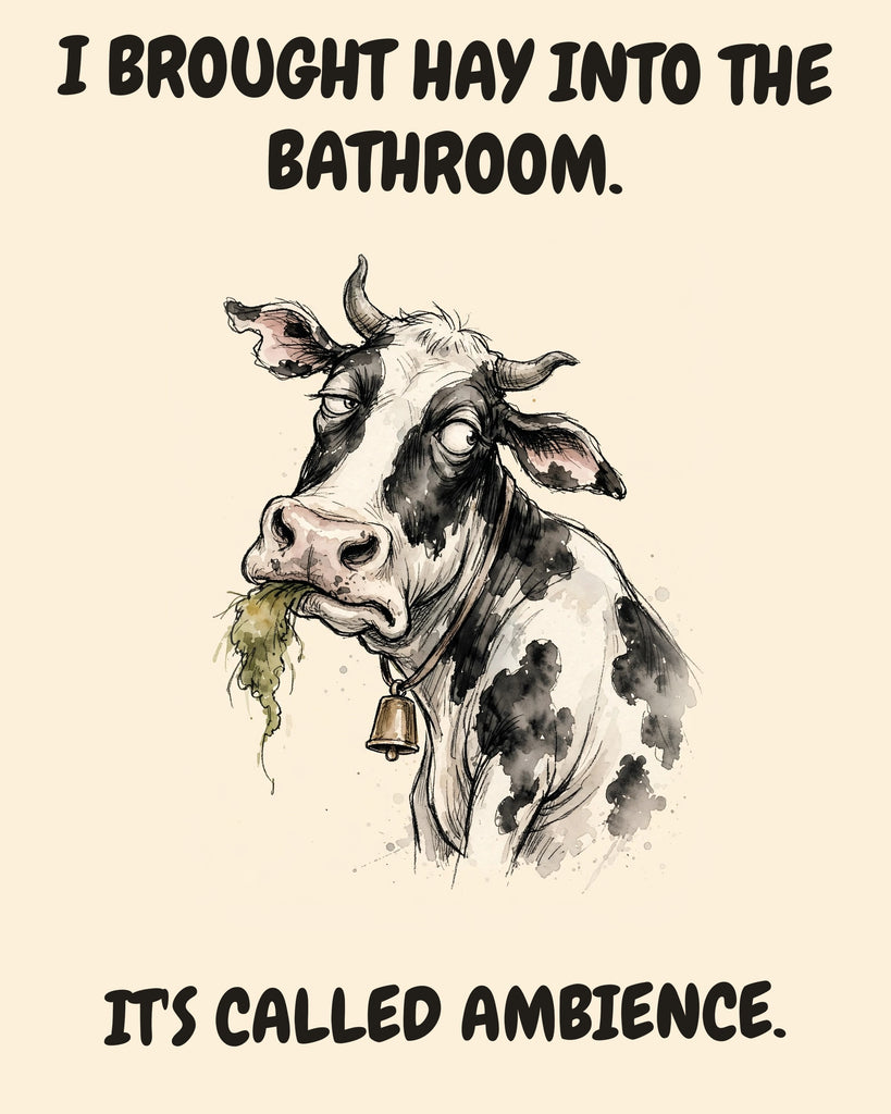 Cow watercolor art print with the saying "I BROUGHT HAY INTO THE BATHROOM. IT'S CALLED AMBIENCE."