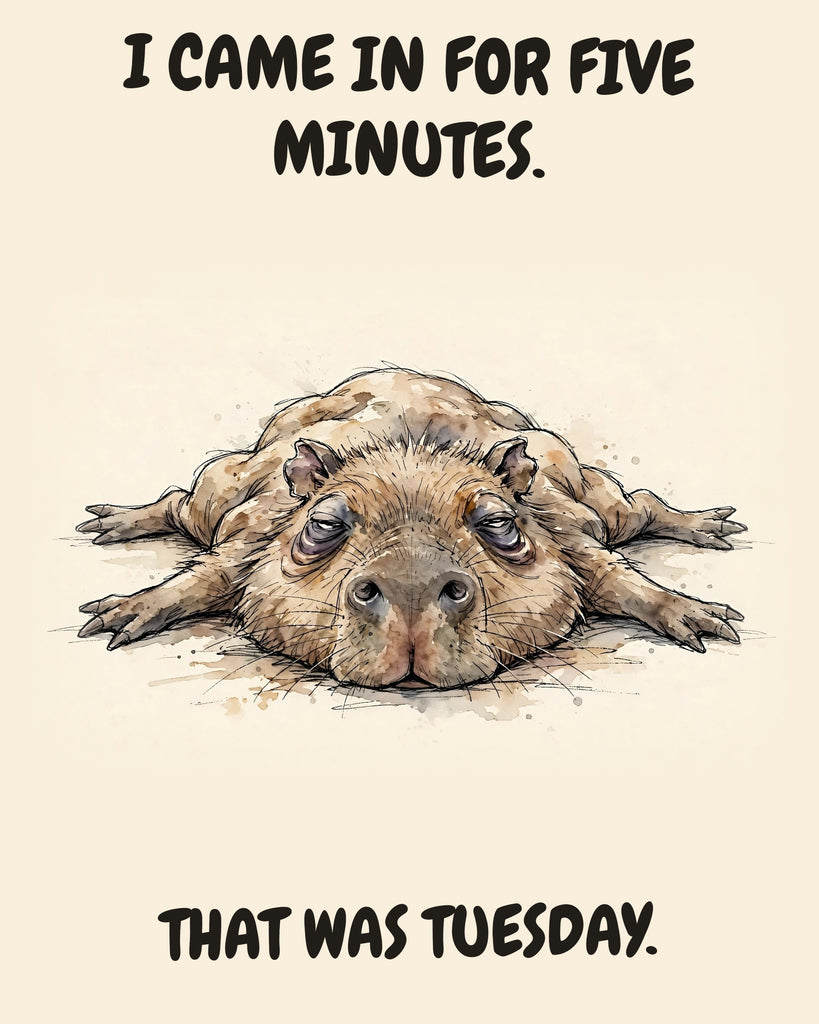 Capybara watercolor art print with the saying "I CAME IN FOR FIVE MINUTES. THAT WAS TUESDAY."