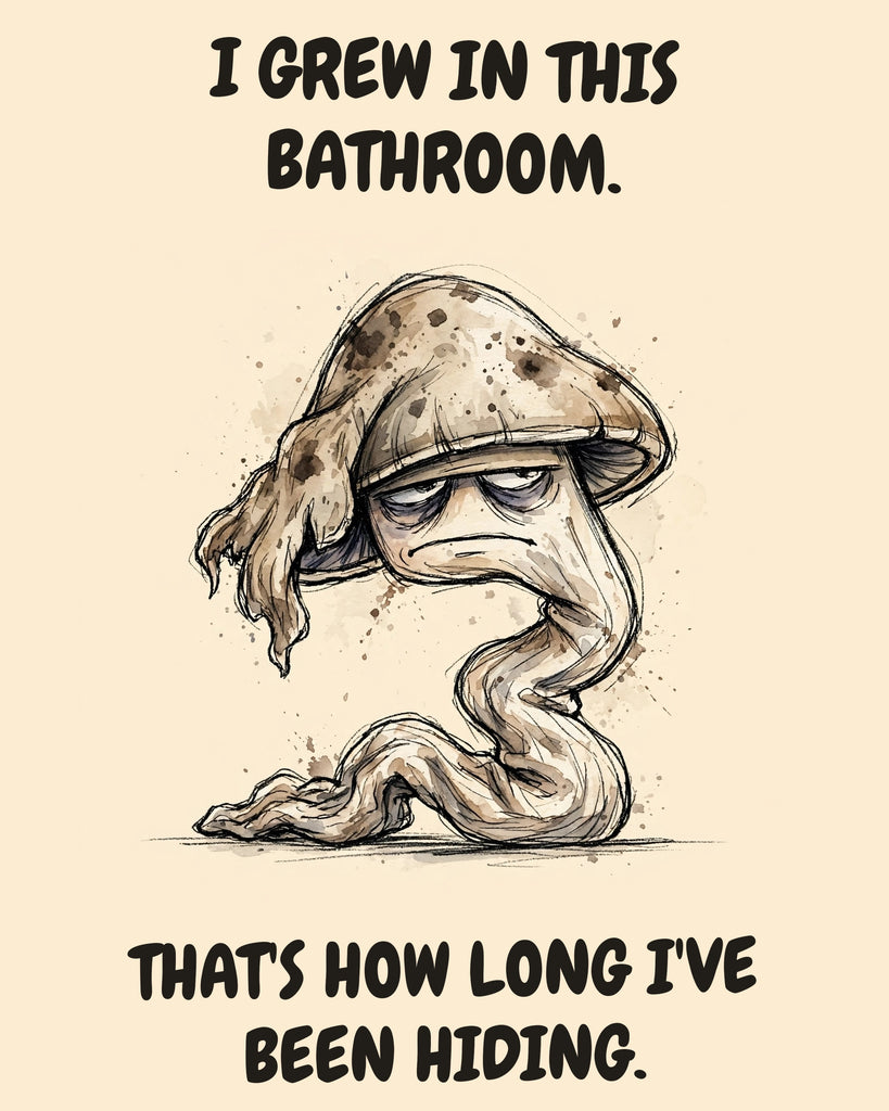 Mushroom watercolor art print with the saying "I GREW IN THIS BATHROOM. THAT'S HOW LONG I'VE BEEN HIDING."