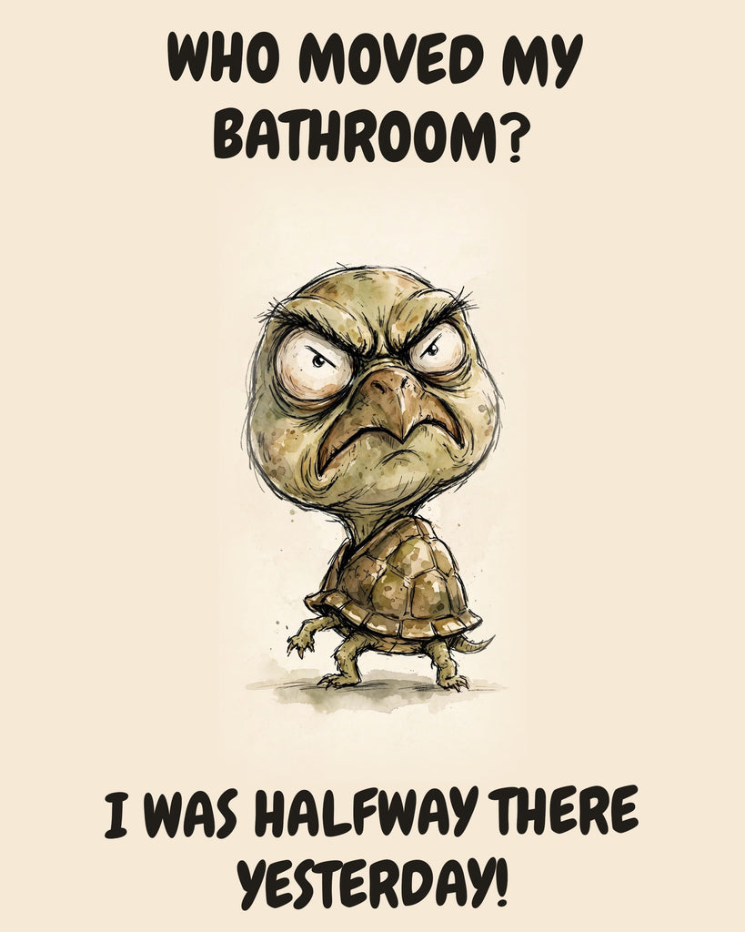 Turtle watercolor art print with the saying "WHO MOVED MY BATHROOM? I WAS HALFWAY THERE YESTERDAY!"