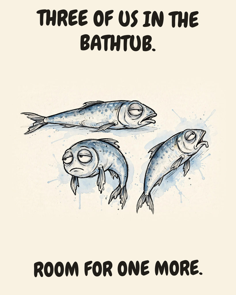 Sardines watercolor art print with the saying "THREE OF US IN THE BATHTUB. ROOM FOR ONE MORE."
