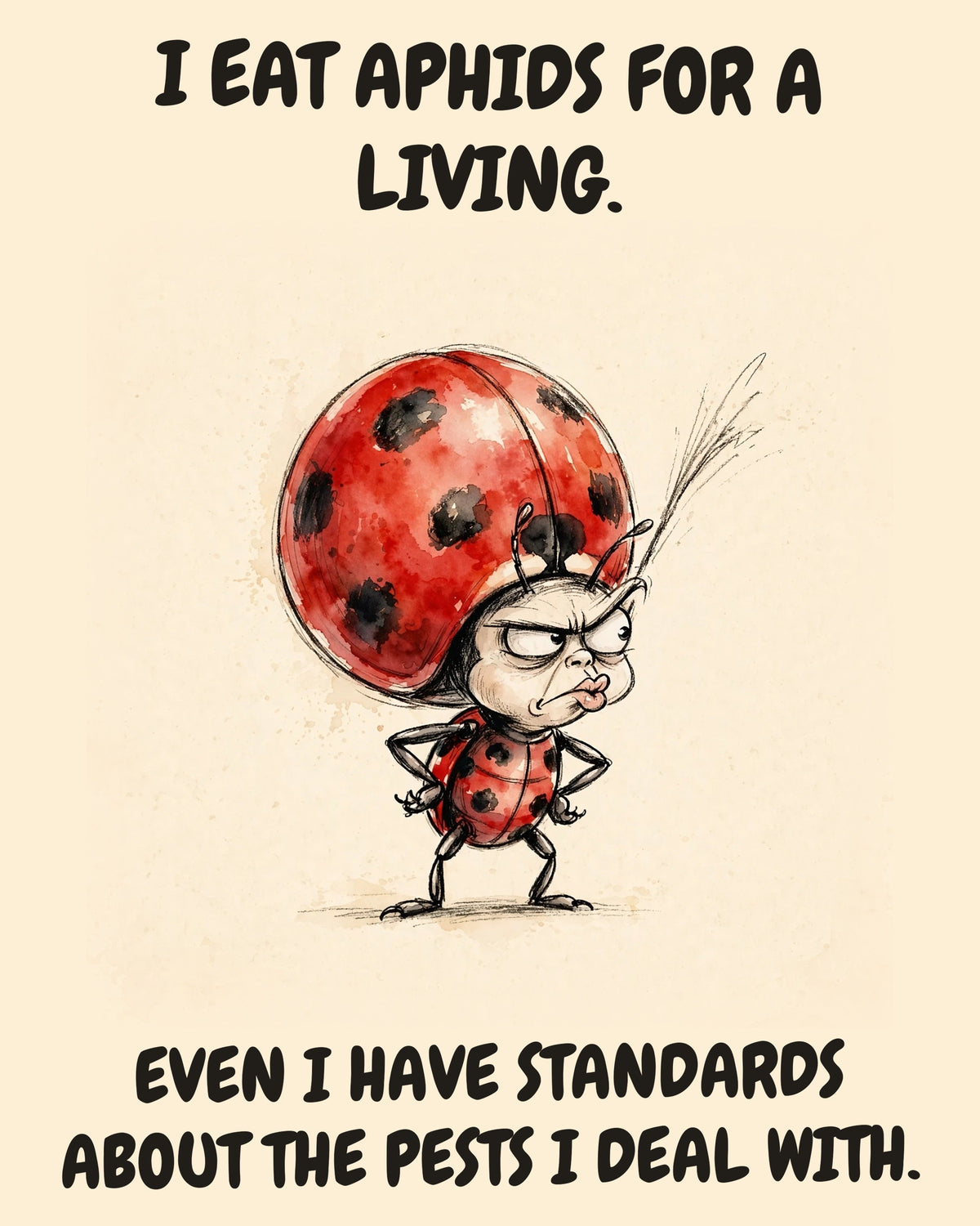 Ladybug watercolor art print with the saying "I EAT APHIDS FOR A LIVING. EVEN I HAVE STANDARDS ABOUT THE PESTS I DEAL WITH."