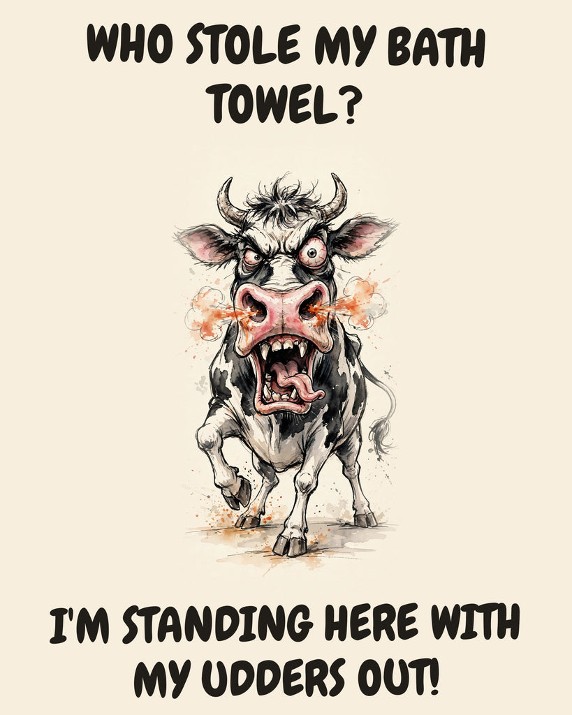 Cow watercolor art print with the saying "WHO STOLE MY BATH TOWEL? I'M STANDING HERE WITH MY UDDERS OUT!"