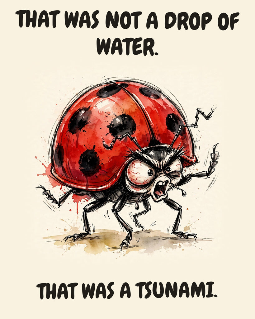 Ladybug watercolor art print with the saying "THAT WAS NOT A DROP OF WATER. THAT WAS A TSUNAMI."