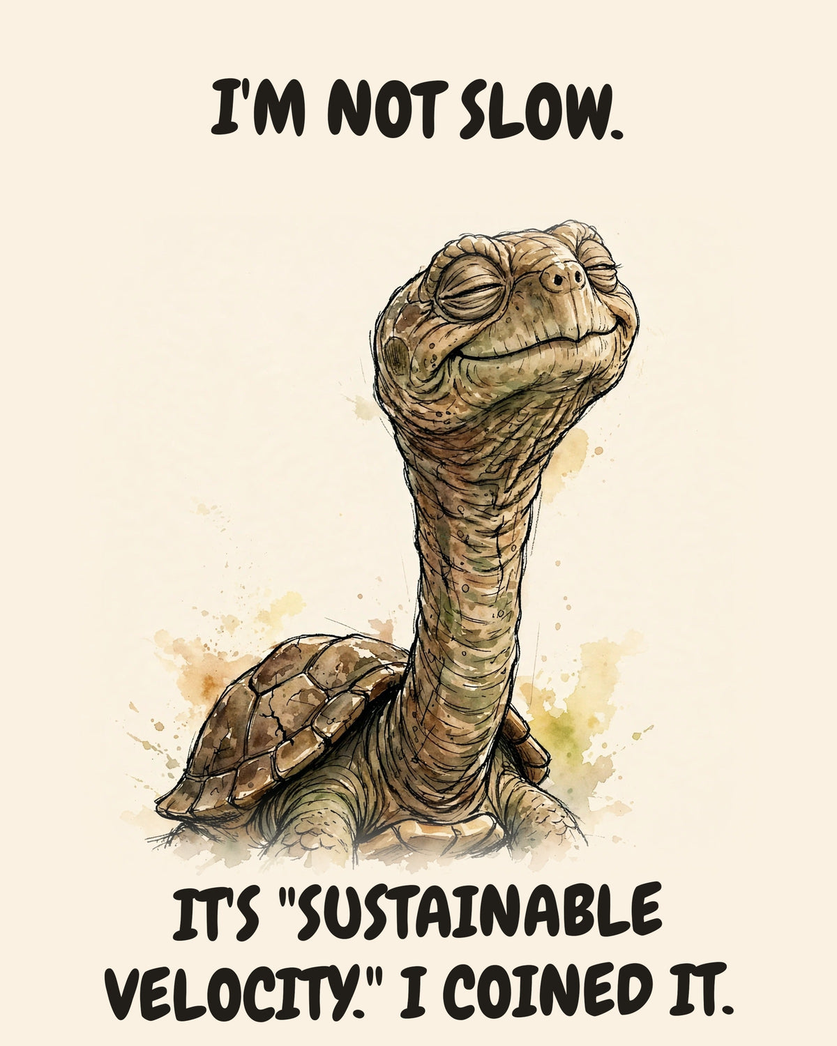 Turtle watercolor art print with the saying "I'M NOT SLOW. IT'S "SUSTAINABLE VELOCITY." I COINED IT."