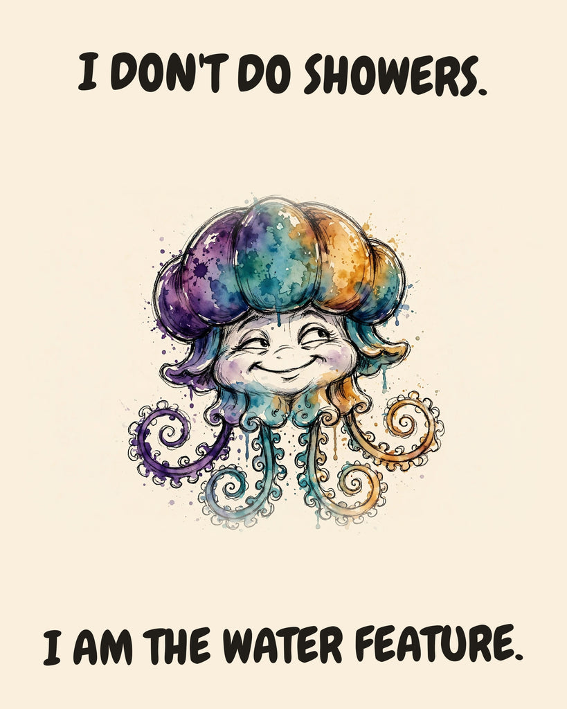 Jellyfish watercolor art print with the saying "I DON'T DO SHOWERS. I AM THE WATER FEATURE."