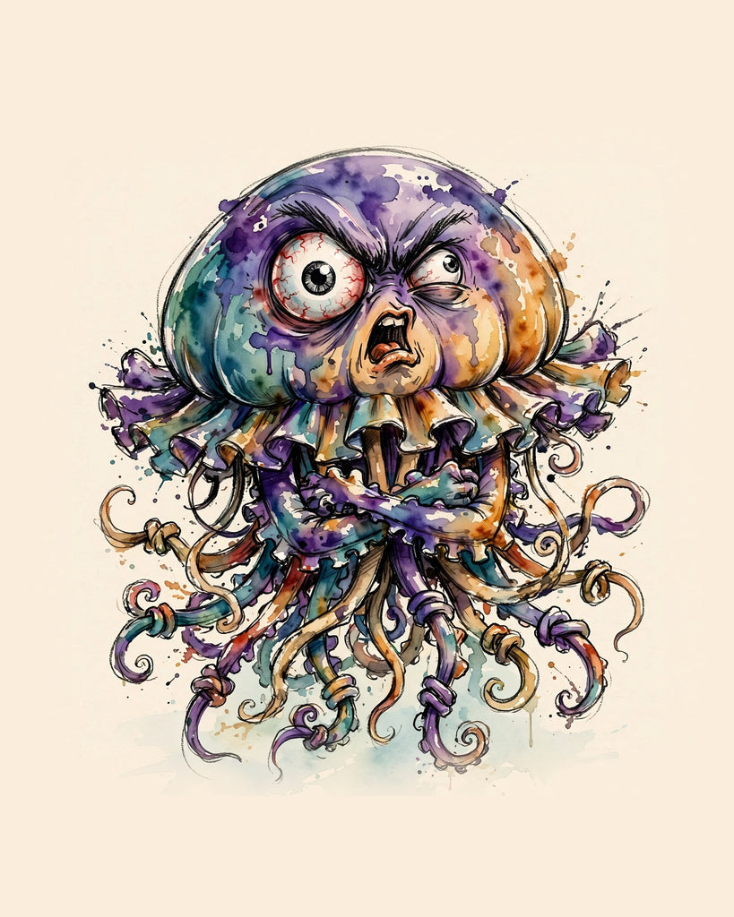 Wordless furious Jellyfish watercolor art print — the artwork alone on a warm cream background, no text