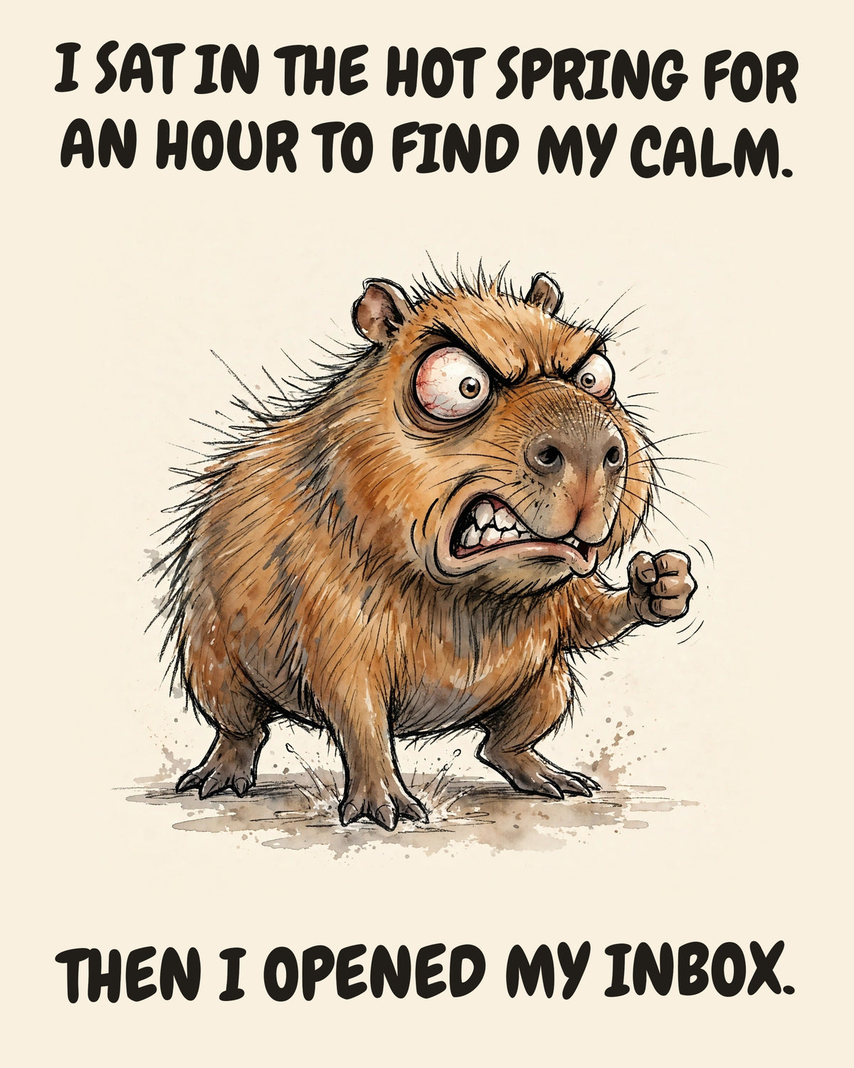 Capybara watercolor art print with the saying "I SAT IN THE HOT SPRING FOR AN HOUR TO FIND MY CALM. THEN I OPENED MY INBOX."